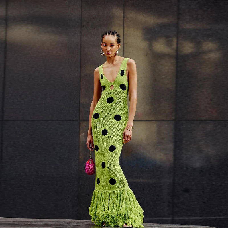 Black Polka Dot Knitted Dress V Neck Hollow Out Fringe Hem Long Maxi Dress