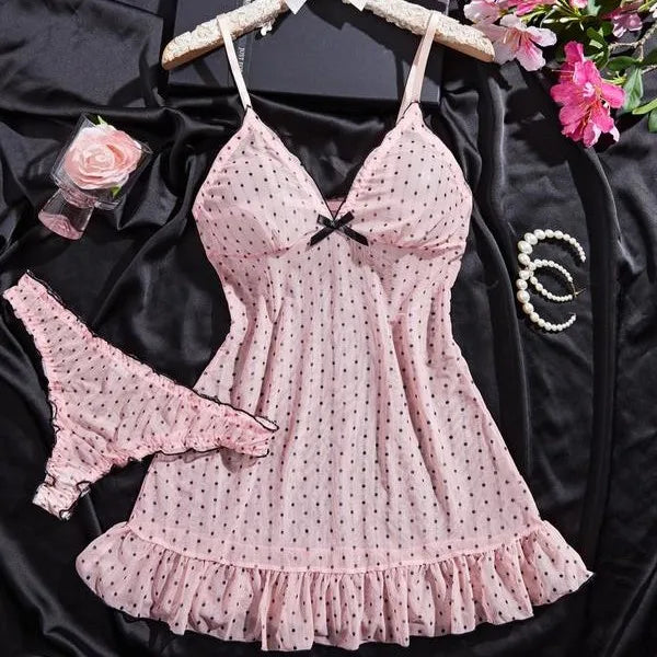 Ladies Sexy Pink Deep V Neck Polka Dot Stretch Mesh Camisole Nightdress With Matching Panties Sleepwear Lingerie Set