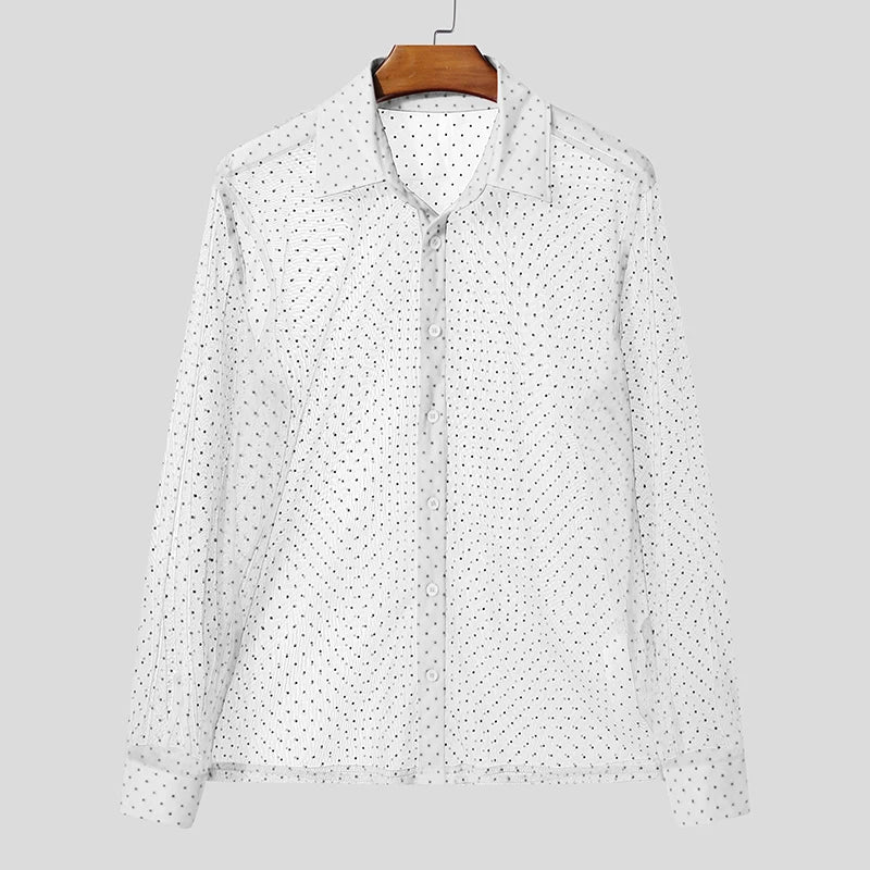 INCERUN Men Shirt Polka Dot Printing Lapel Long Sleeve