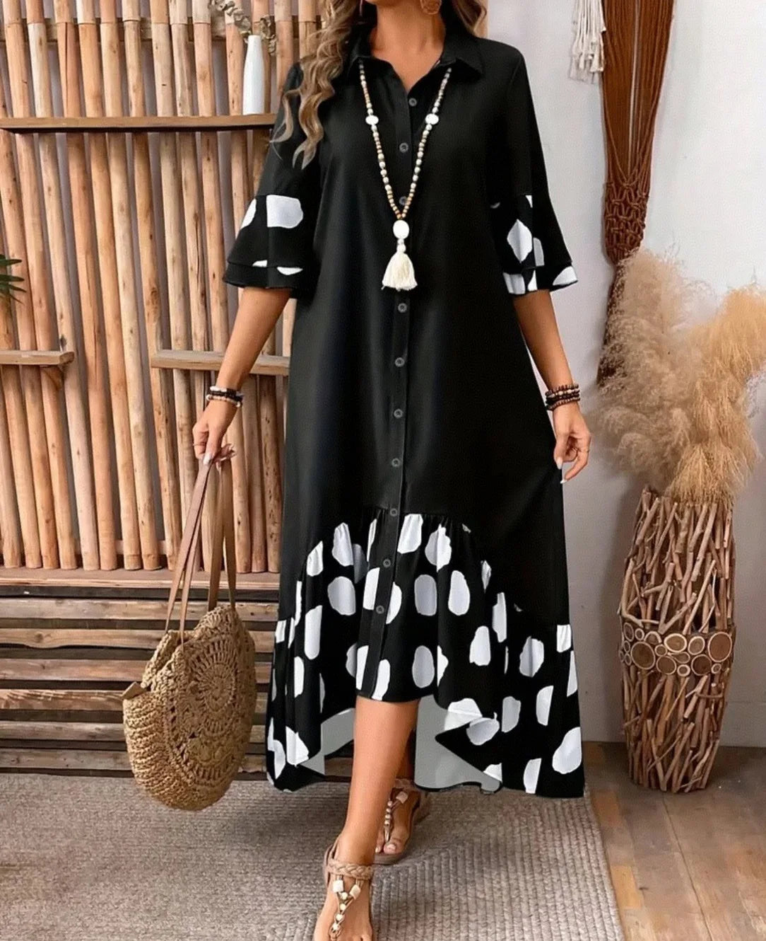 Polka Dot Lapel Shirt Dress with Flared Sleeves