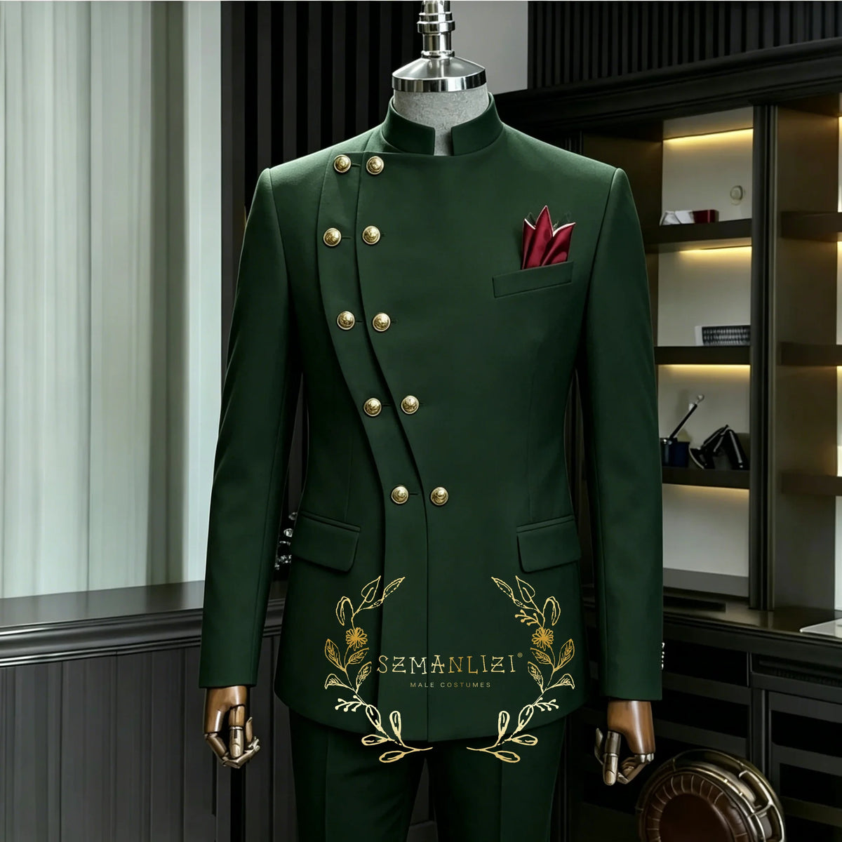 Men's Stand Collar 2-Piece Suit (Blazer + Pants)