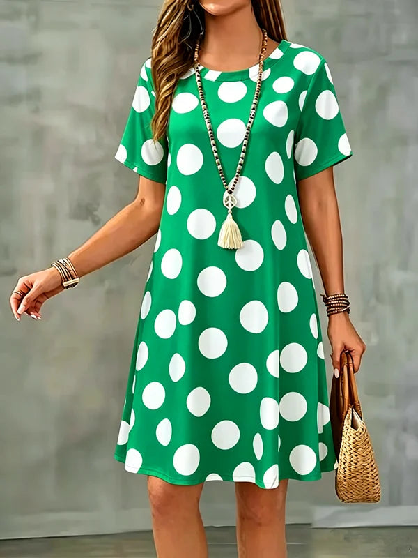 Summer Women Dress Polka Dots Print Short Sleeve O-Neck  A-Line Dress