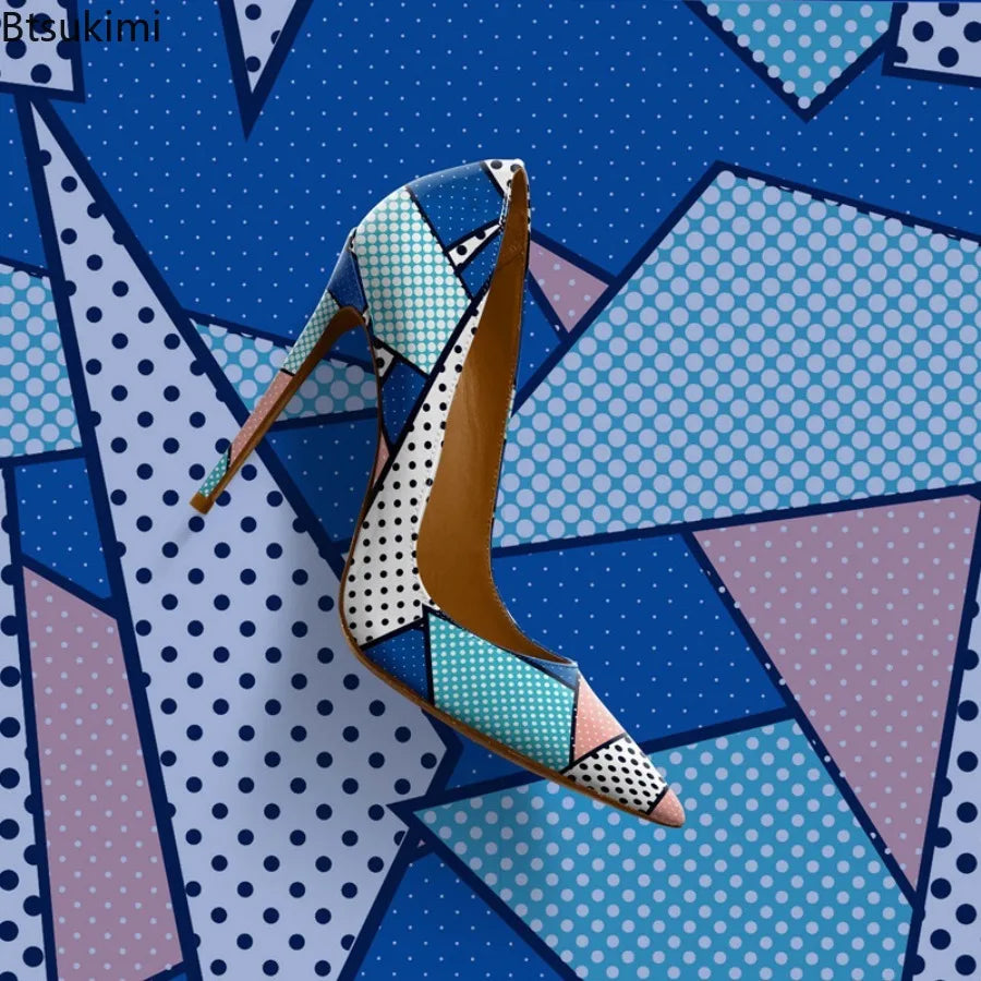 Women's Mixed Color Plaid Polka Dot Printed High-heeled Shoes Fashionable Shallow Mouth Pointed Colorful Abstract Printed Shoes