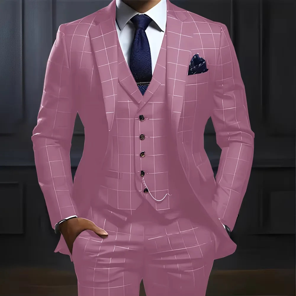 Customized Navy Blue Plaid Men Suits Business Male Blazers Slim Fit Notched Lapel Groom Tuxedos 3 Pcs Sets Handsome Ropa Hombre