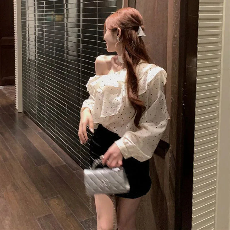 French Style Halter Neck Polka Dot Chiffon Ruffle Blouses