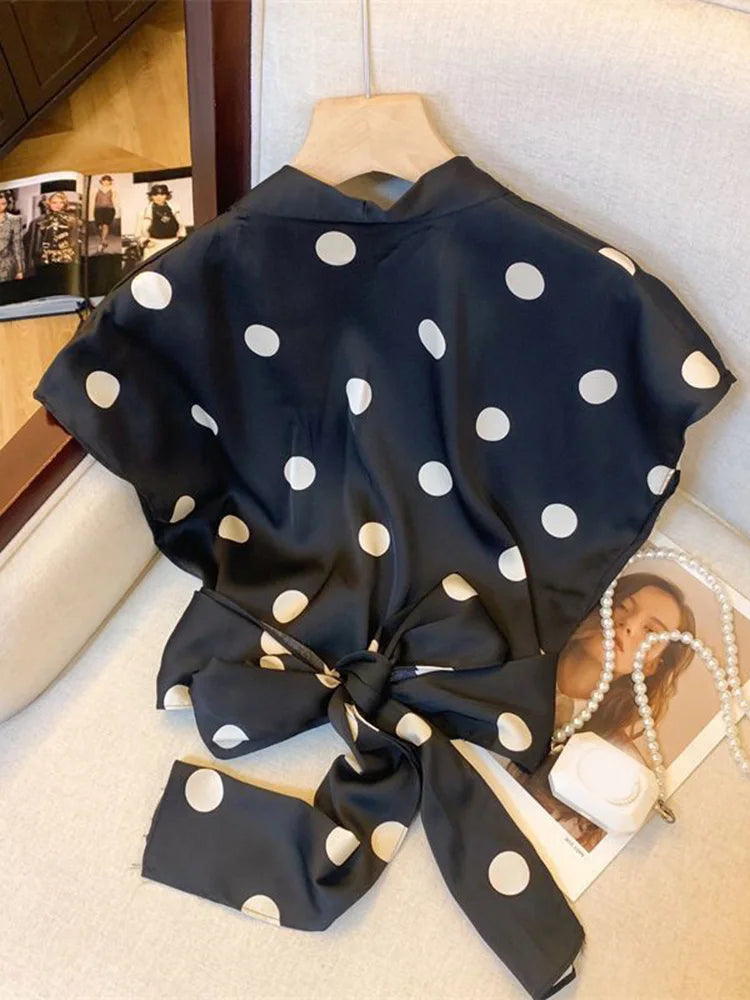 Sexy Cropped Dot Shirt Women Vintage Slim V Neck Tops