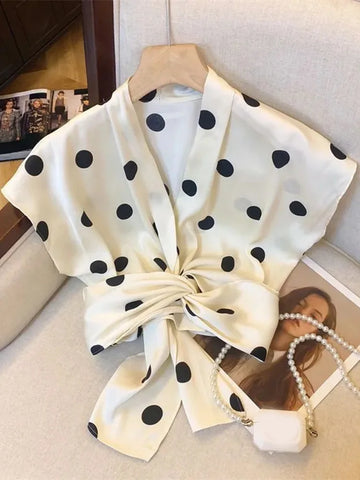 Sexy Cropped Dot Shirt Women Vintage Slim V Neck Tops