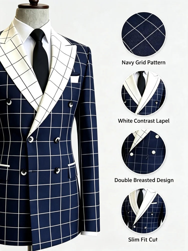 Men Casual Business Slim Fit Windowpane Plaid Blazer Double Breasted White Peak Lapel Formal Wedding Groom Party Suit Jacket