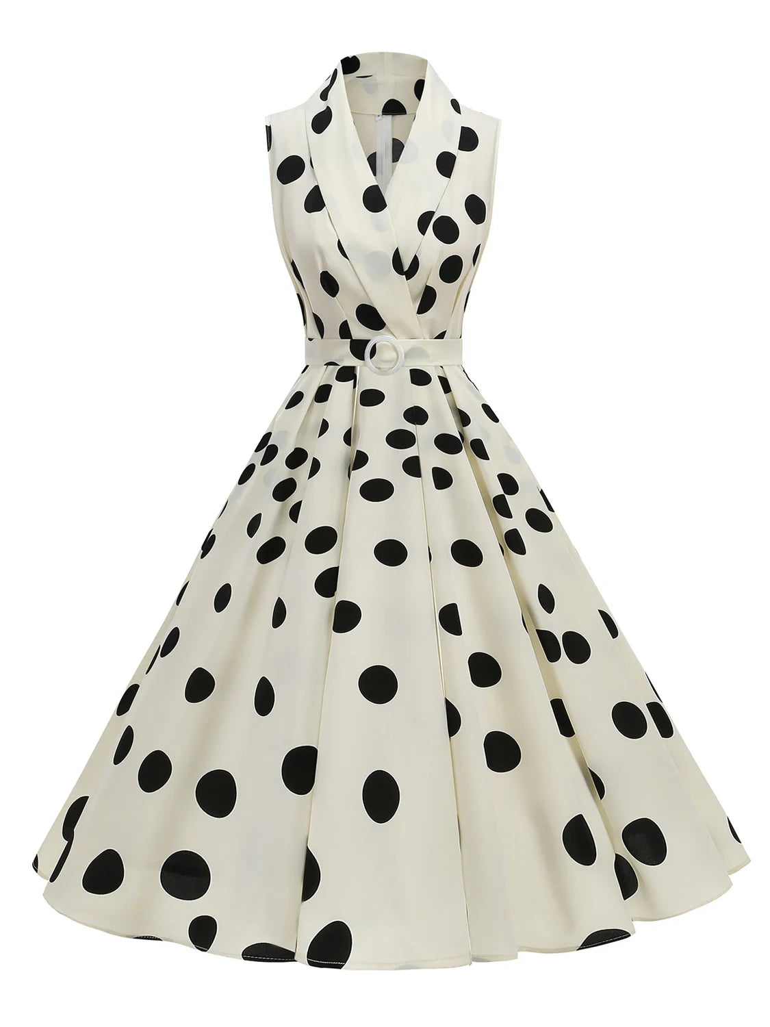 Polka Dot Sleeveless Collared Belted Summer Dress