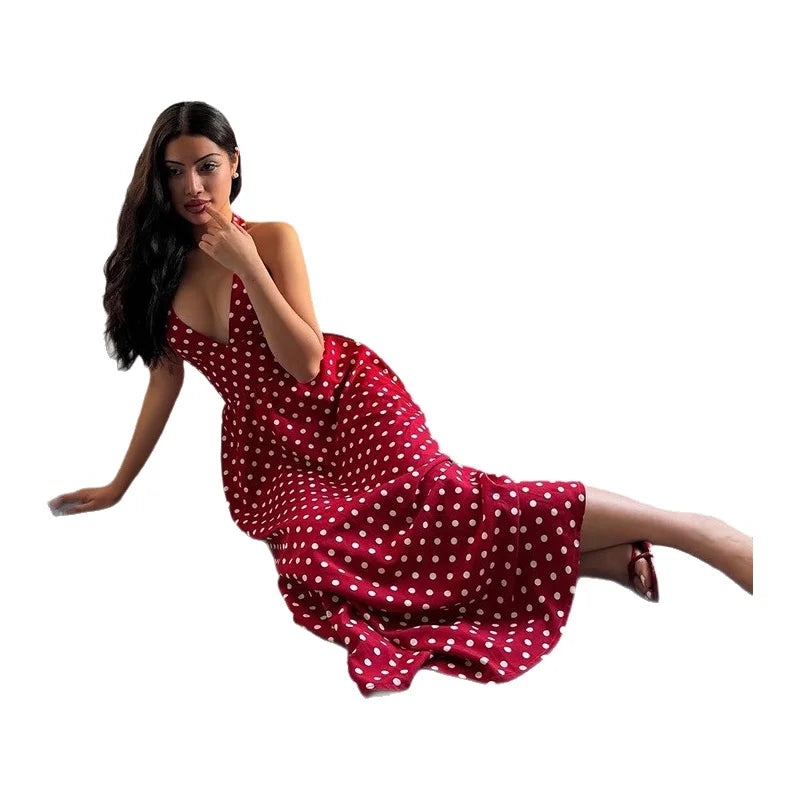 Sexy Deep V-neck Red Polka Dot Hanging Neck Dress