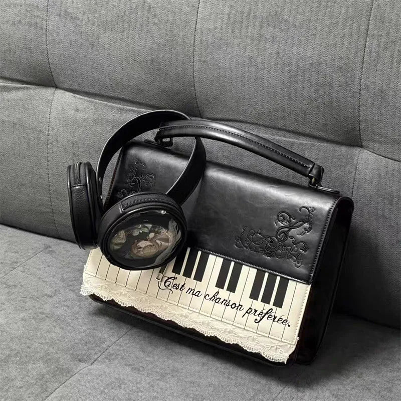 Girls Polka Dot Piano Key Handbag Black And White Retro