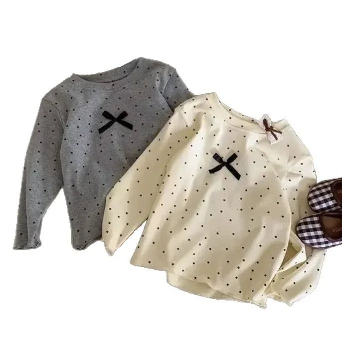 Kid T-shirt Polka Dot Black Bow Long Sleeve Base Shirt Spring