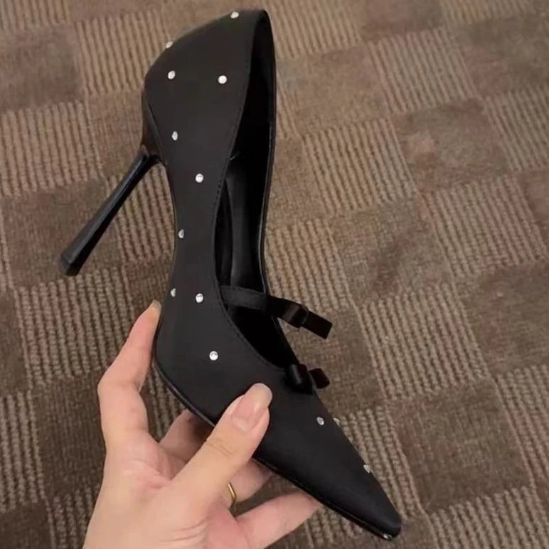 Polka Dot French Bow Square Head Black Rhinestone