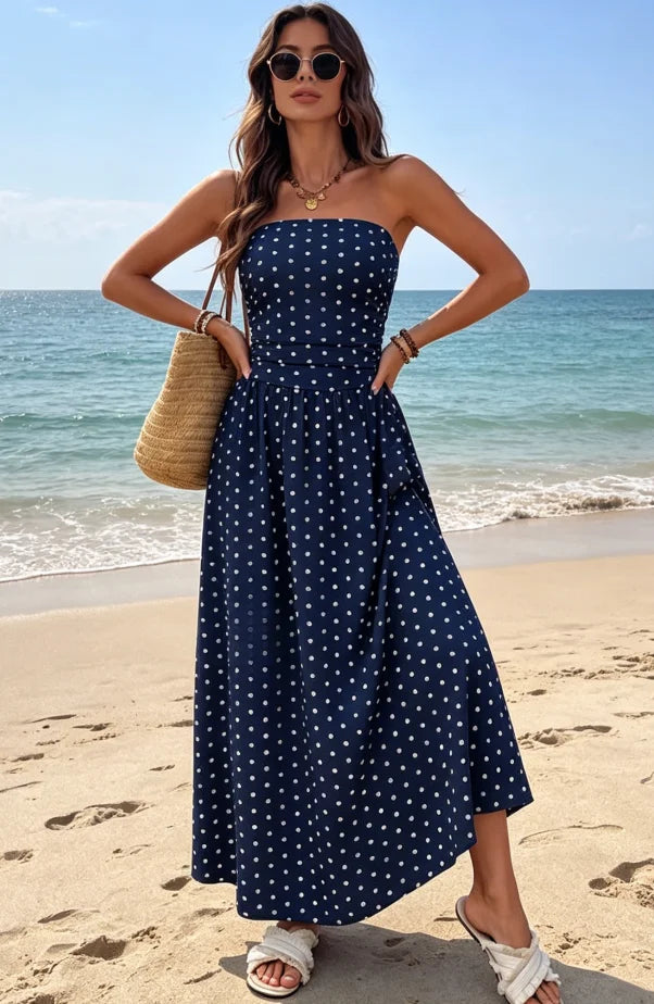 Polka-Dot Tube Top High-Neck Sleeveless Long Dress with Slim Fit