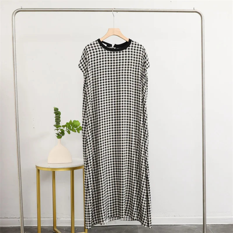 Fashion Plaid And Dot Night Dress Women Loose Cotton Short Sleeve Sleepwear Nightgowns Summer Ladies Nightwear Sleeping Clothes