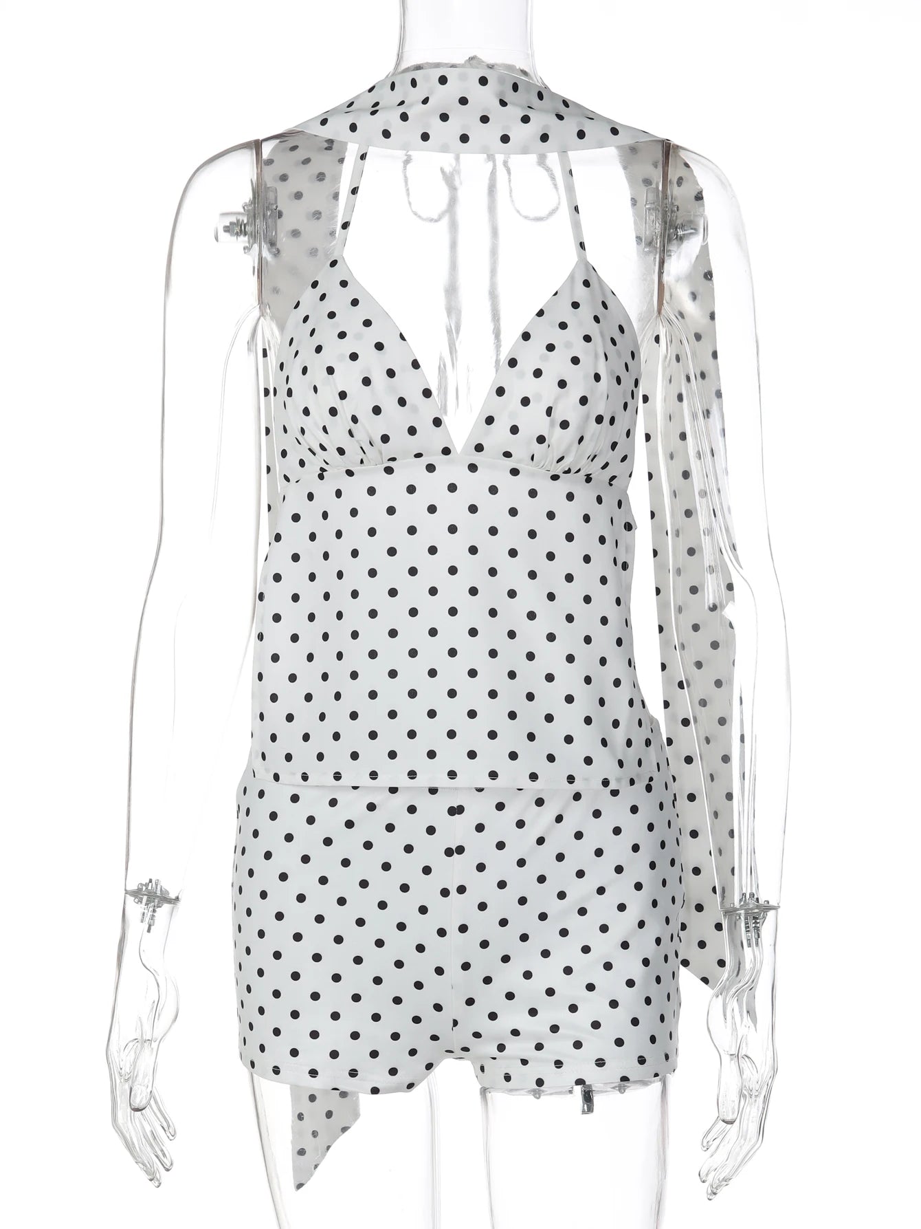 Hugcitar Polka Dot Print 2 Piece Sets Halter Scarf Lace Up