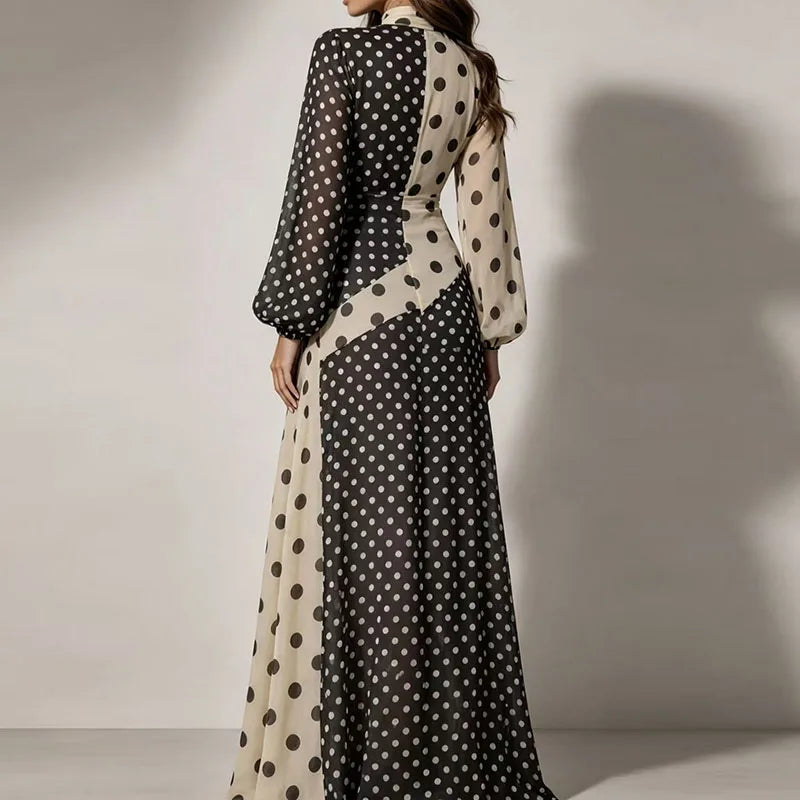 Retro Polka Dot Long-Sleeve V-Neck Maxi Dress