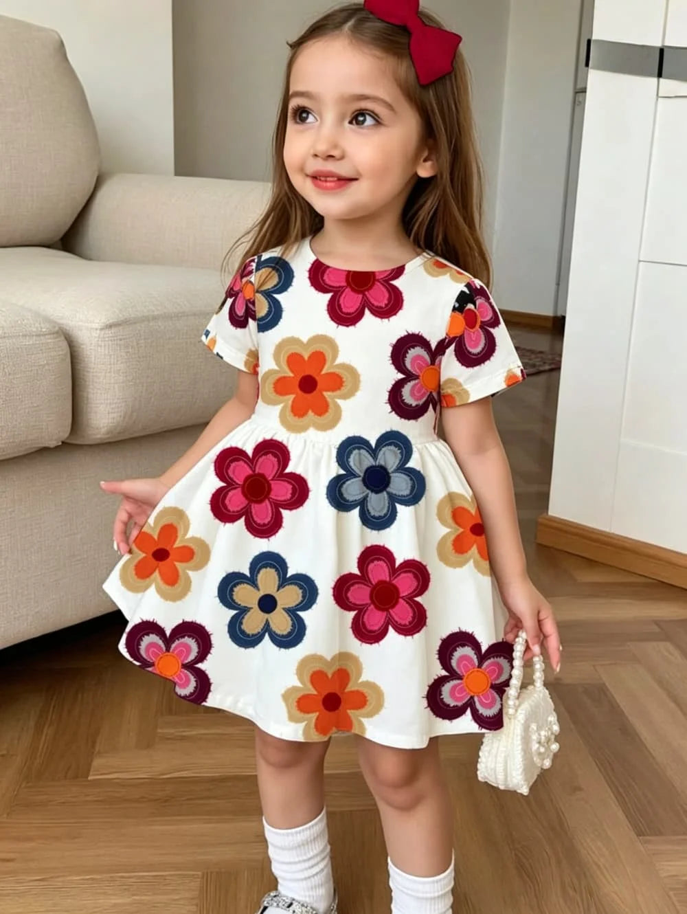 Cute Polka Dot Bow 3D Print Dress for Girls Casual Short Sleeve Dress C