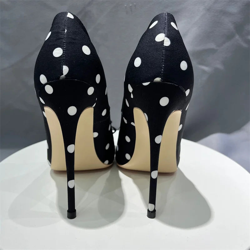 Tikicup Polka Dot Women Black Satin Stiletto High Heels with Bowknot Chic