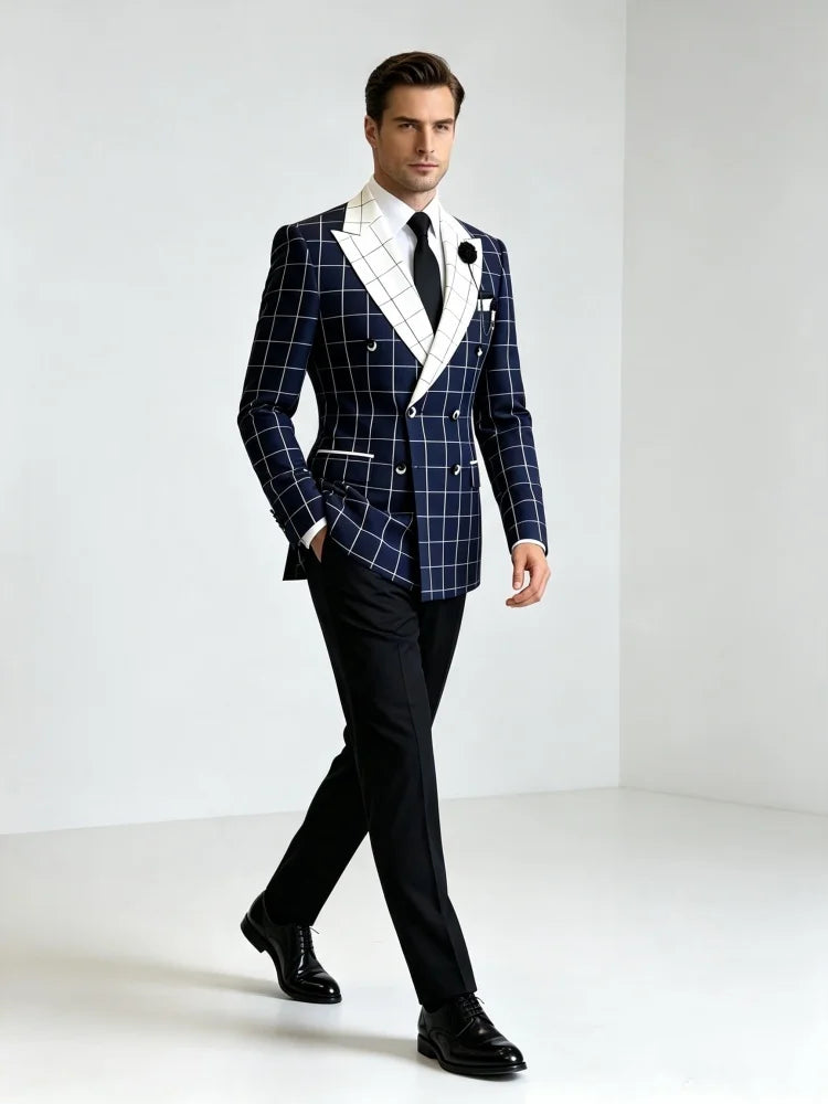 Men Casual Business Slim Fit Windowpane Plaid Blazer Double Breasted White Peak Lapel Formal Wedding Groom Party Suit Jacket