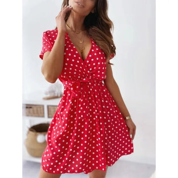 Summer Women's Polka Dot Printed Short Sleeved Casual Dress Fashionable V-neck
