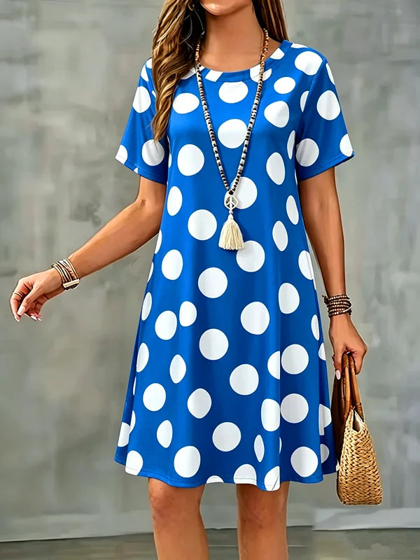 Summer Women Dress Polka Dots Print Short Sleeve O-Neck  A-Line Dress