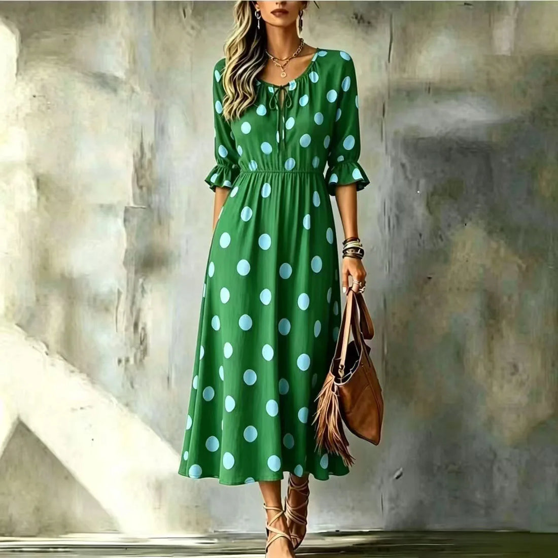 Women's New Dress Summer Boho Fashion Waist O-neck Lace-up Slimming