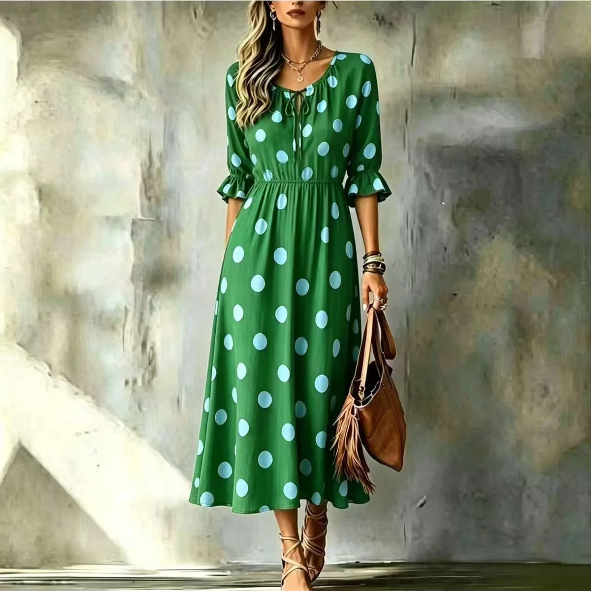Women's New Dress Summer Boho Fashion Waist O-neck Lace-up Slimming