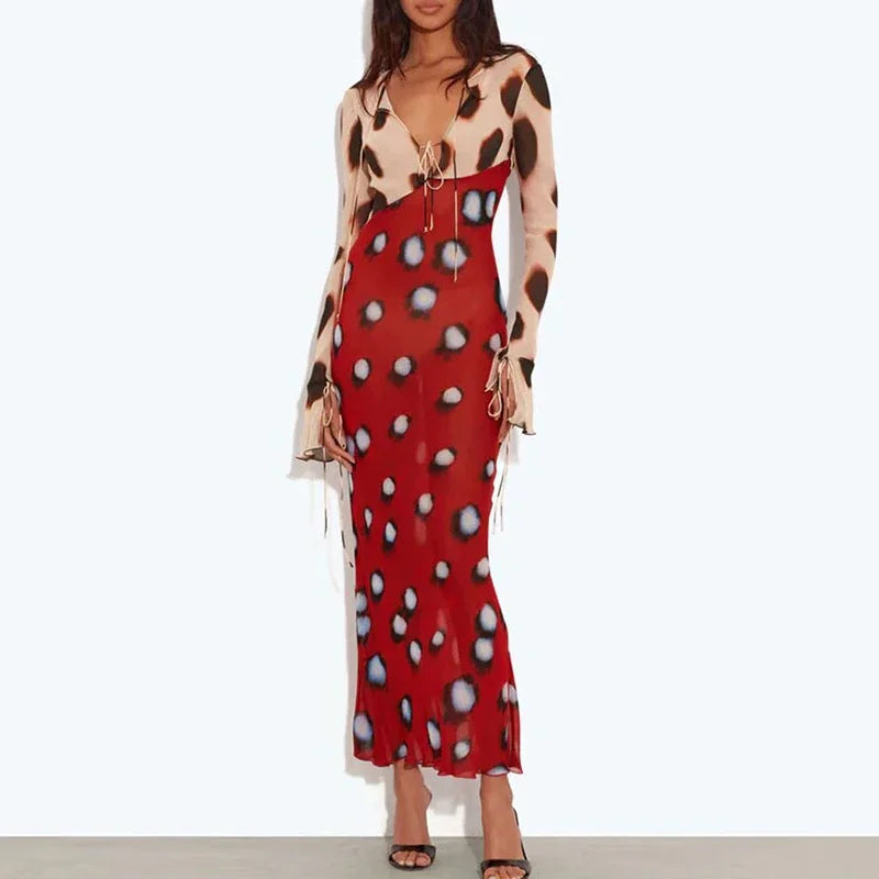 V Neck Lace Up Women's Casual Dress New Thin Mesh Spring Summer Dress