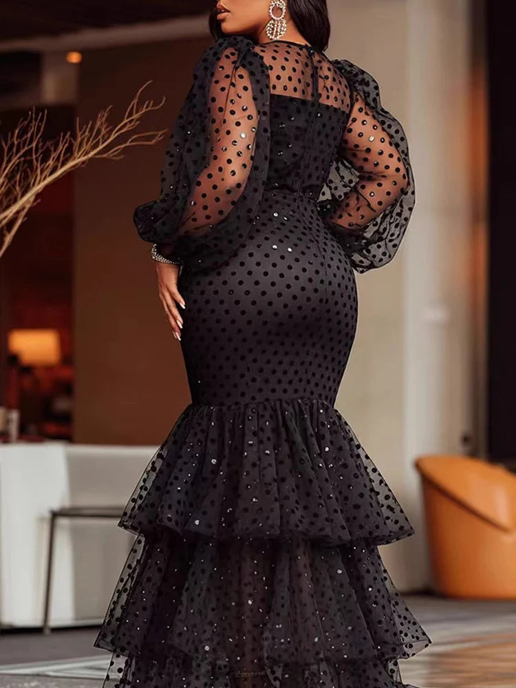 Women's Plus Size Polka Dots Evening Dress Crew Neck Mesh Sheer Prom