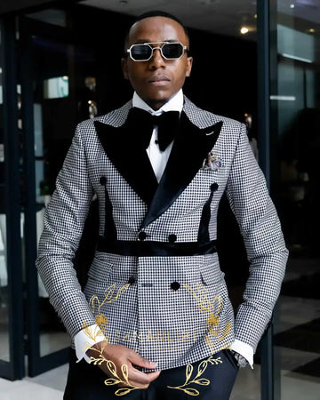 Latest Design Men's Suit Houndstooth Jacket Black Pants 2 Pieces Double Breasted Slim Fit Formal Wedding Tuxedos Evening Dress