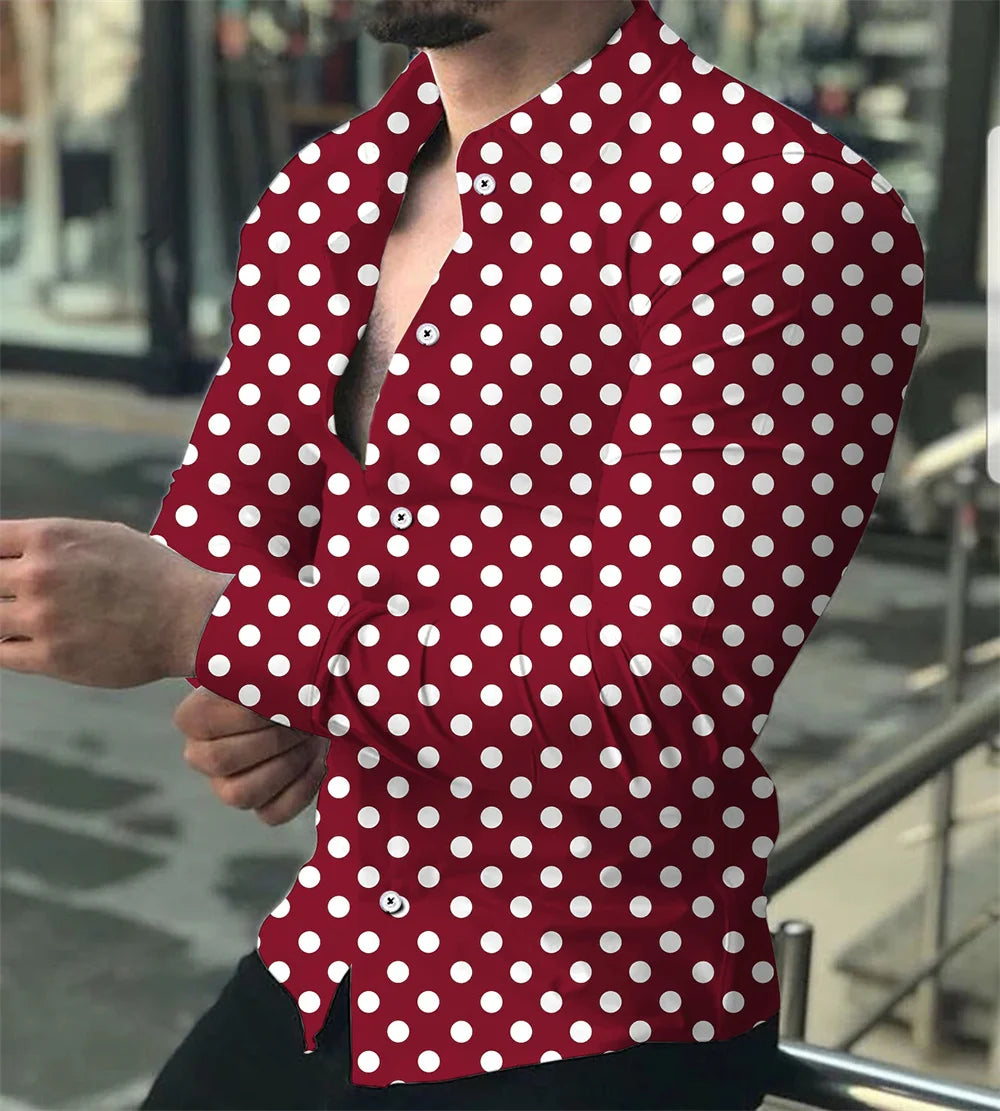 Men's Long Sleeved Polka Dot Printed Lapel Top Button Up