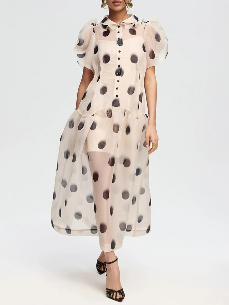 LIMO French Elegant See Through Polka Dot Dress Puff Sleeve Lapel High Waist