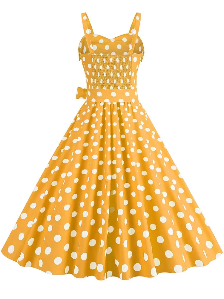 Polka Dot Party Dress Elegant Women Summer Puff Sleeve Square Collar Elastic Waist Vintage Midi Sundress Casual Beach