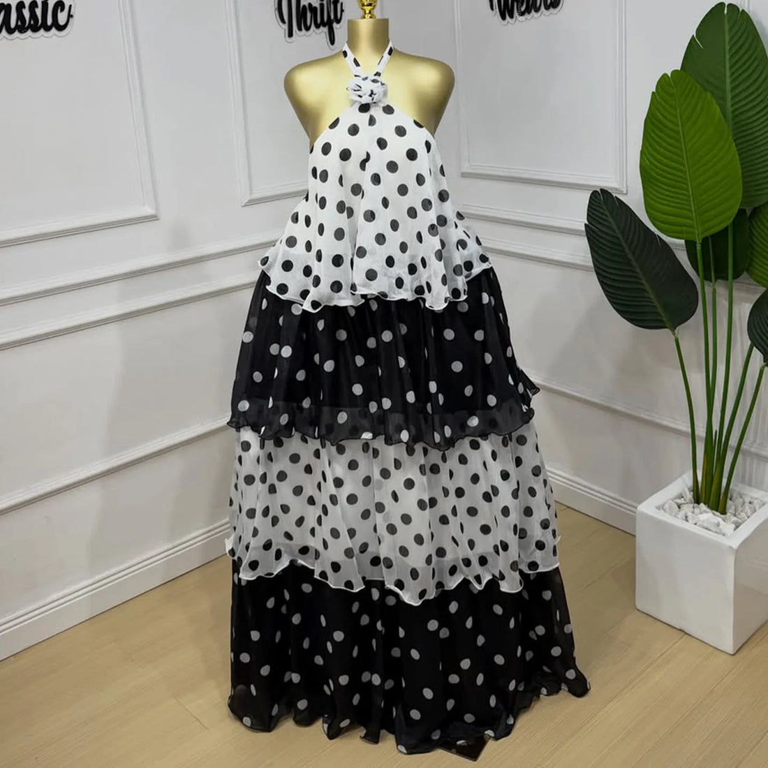 Polka Dot Tiered Maxi Dress Halter Neck 3D Flower Chiffon Ruffle Layered