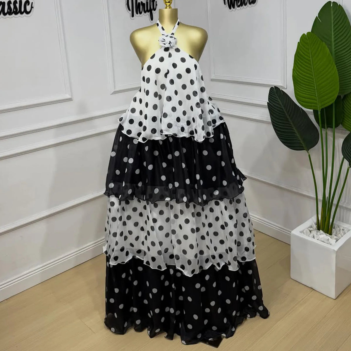 Polka Dot Tiered Maxi Dress Halter Neck 3D Flower Chiffon Ruffle Layered