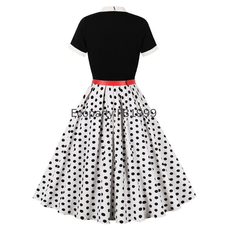 Women Summer Retro Casual Party Dress Elegant Short Sleeve Polka Dot
