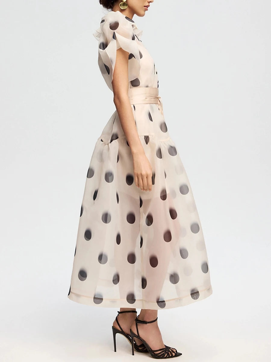 LIMO French Elegant See Through Polka Dot Dress Puff Sleeve Lapel High Waist