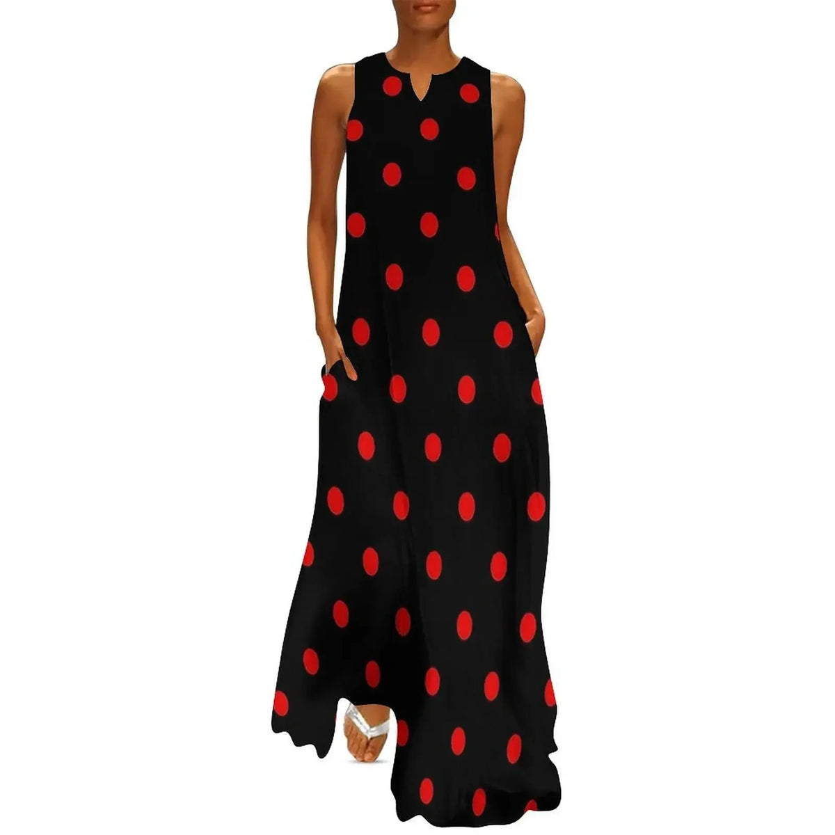 Red And White Polka Dots Print Women Dress  Elegant Maxi Dress V-Neck