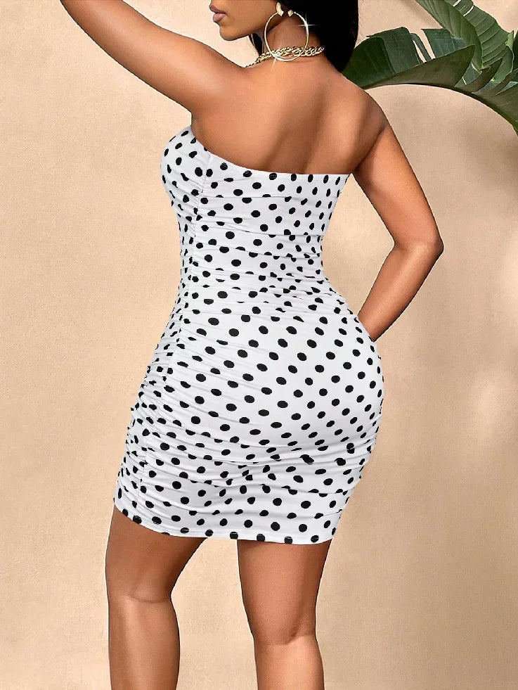 Women's Sexy Polka Dot Ruched Strapless Mini Dress
