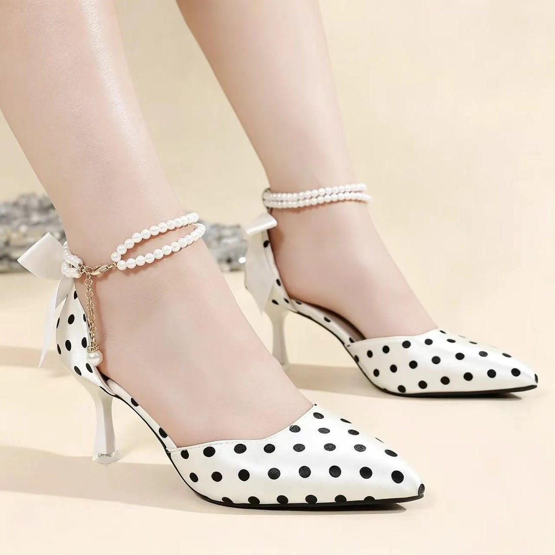 New Women's Polka Dot Pointed Toe Stiletto High Heel Sandals with Pearl Chain & Bow Decoration Fashion women's shoes