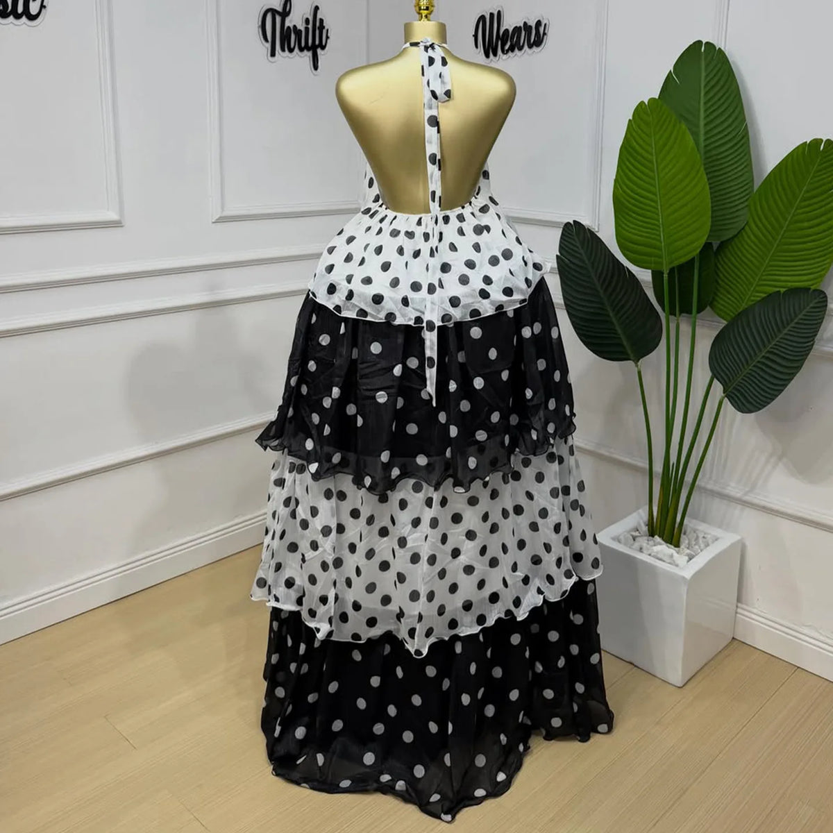 Polka Dot Tiered Maxi Dress Halter Neck 3D Flower Chiffon Ruffle Layered
