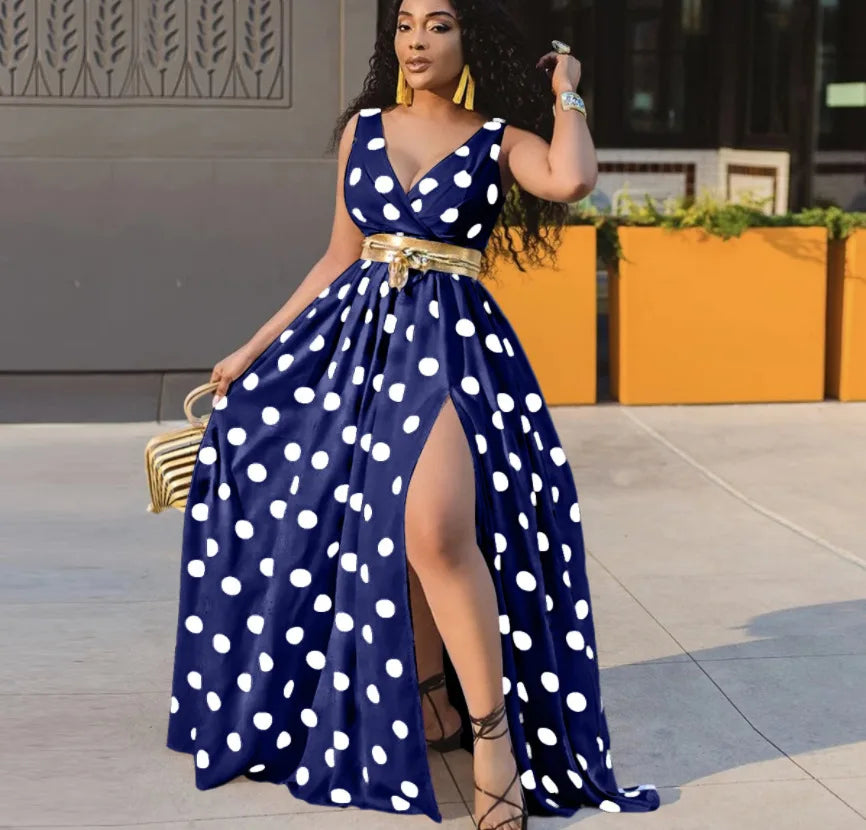 Sexy Deep V Neck Polka Dot Long Dress For Women Summer Boho Sleeveless