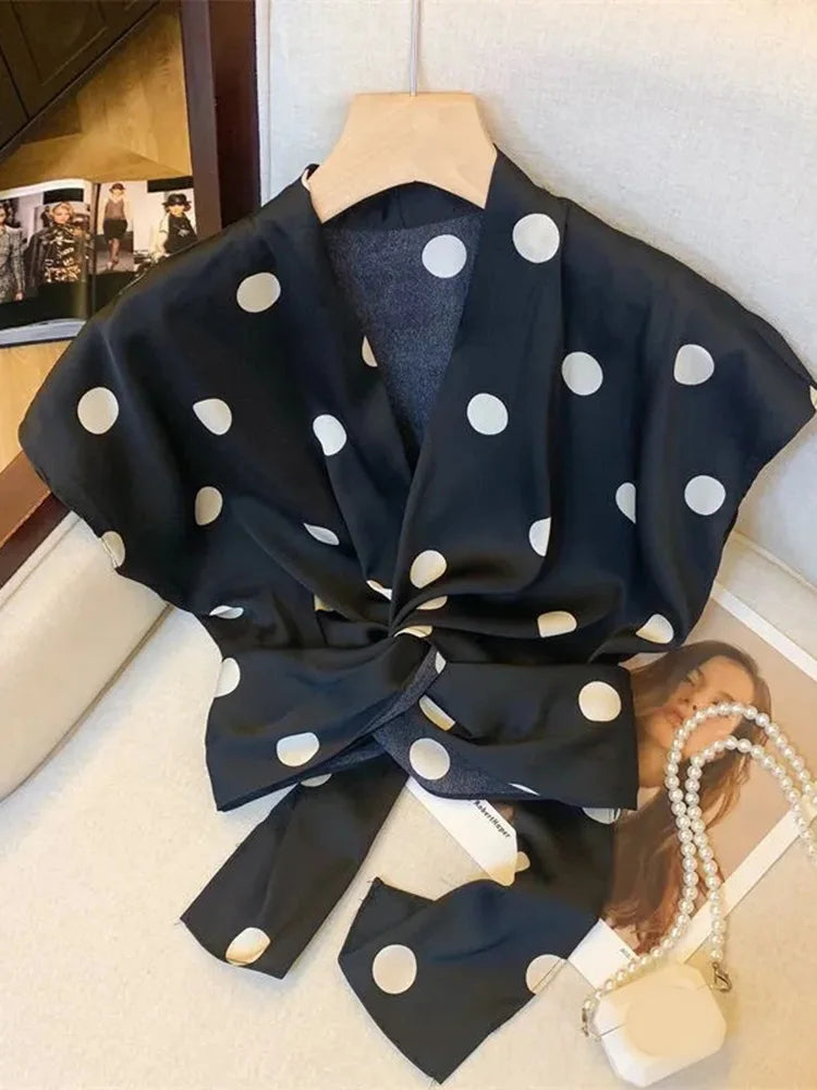 Sexy Cropped Dot Shirt Women Vintage Slim V Neck Tops