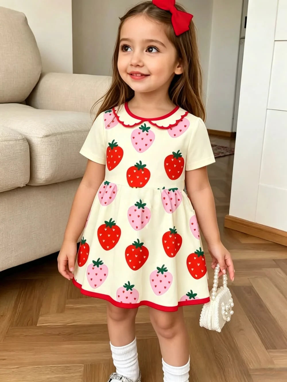 Cute Polka Dot Bow 3D Print Dress for Girls Casual Short Sleeve Dress C