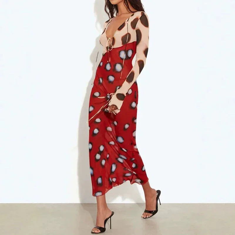 V Neck Lace Up Women's Casual Dress New Thin Mesh Spring Summer Dress