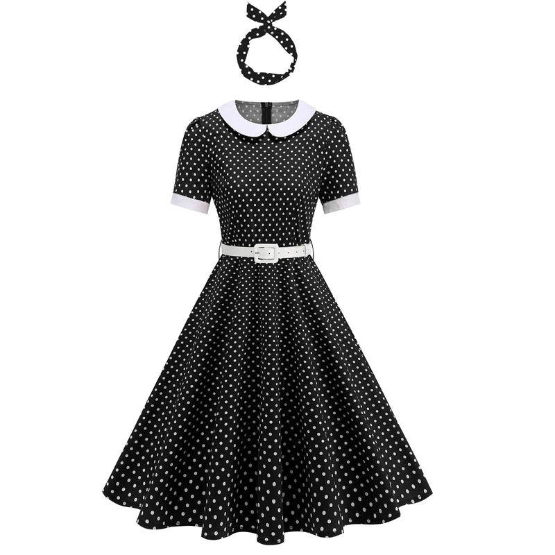 Women Retro Lapel Polka Dot Dress With Belt Rockabilly Evening Party Cocktail
