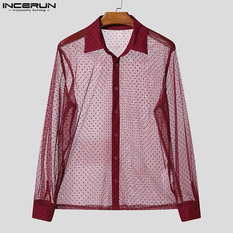 INCERUN Men Shirt Polka Dot Printing Lapel Long Sleeve