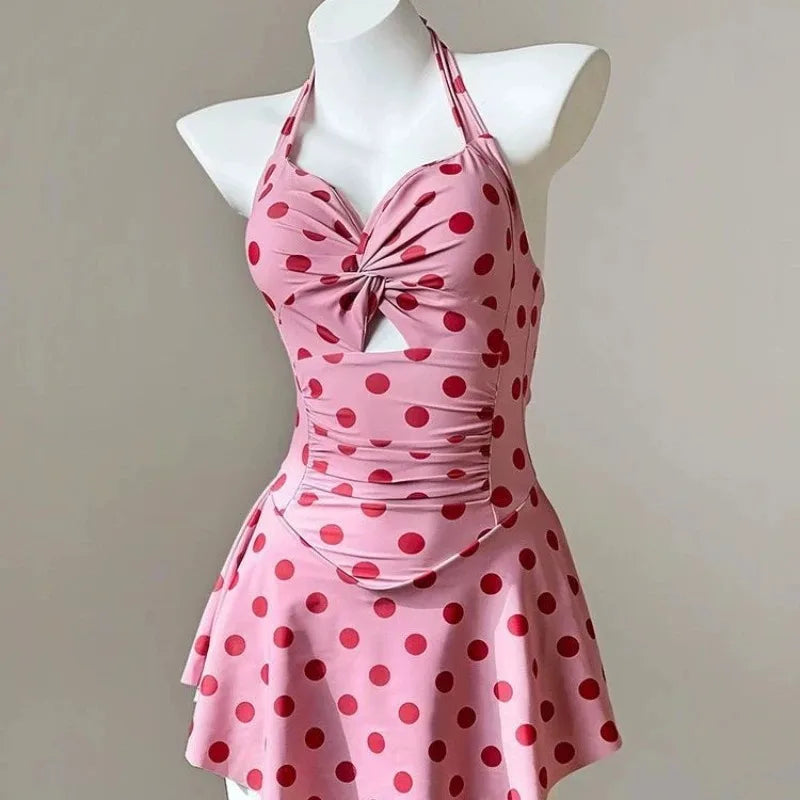 Women Swim Dress Pink Polka Dot One Piece Swimsuit