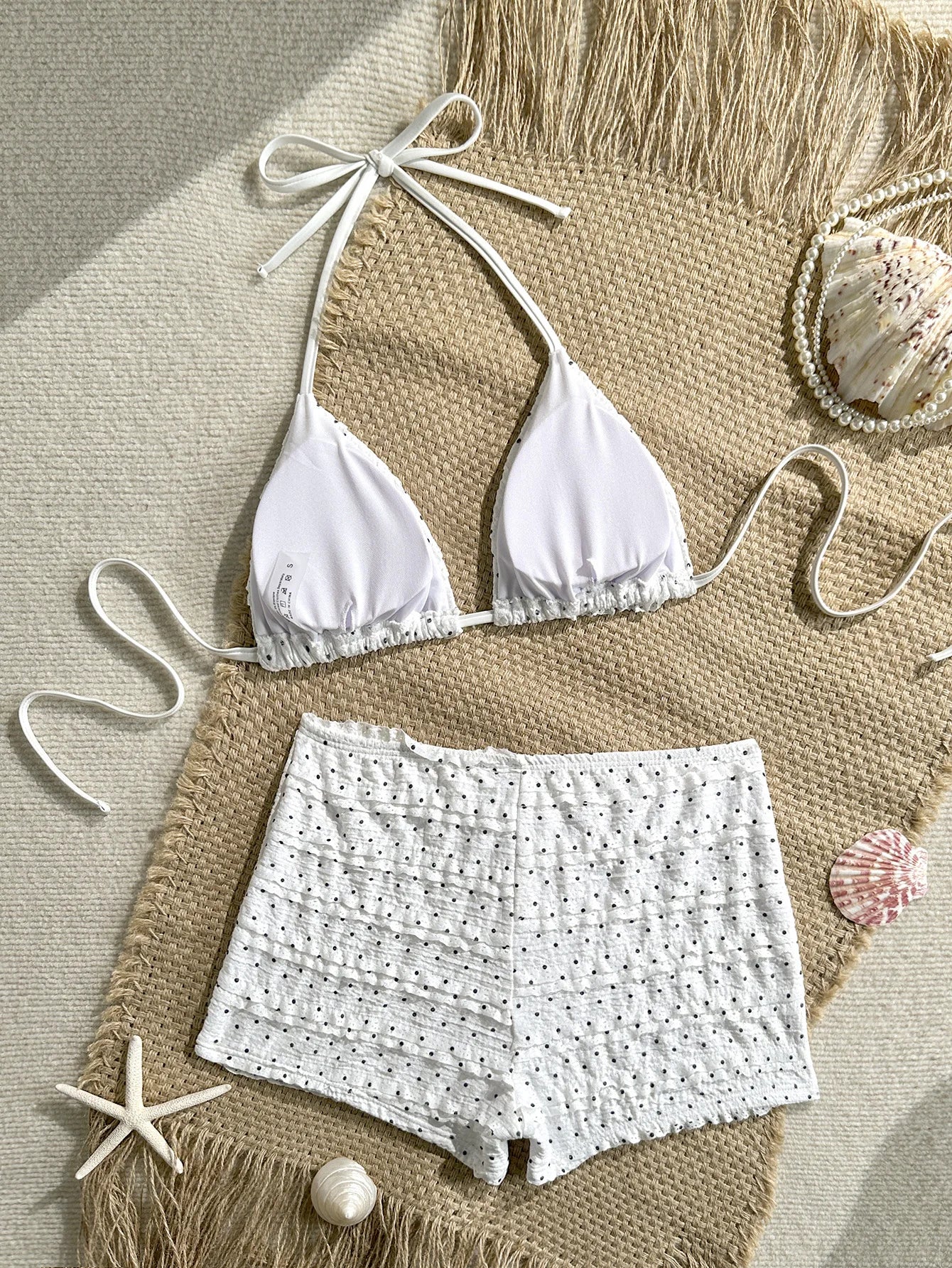 Women's White Polka Dot 2 Piece Bikini Set Textured Ruched